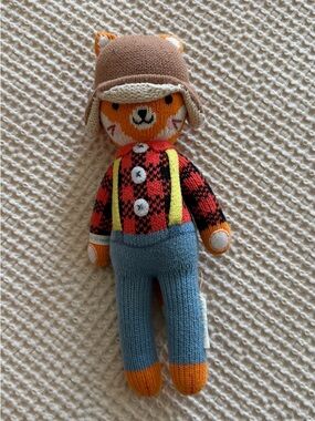 Plush Knit Fox Doll in Orange with Blue Overalls
